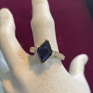 Kite Cut Dark Blue Gemstone Ring with CZ Accents‎ - Cocktail Statement